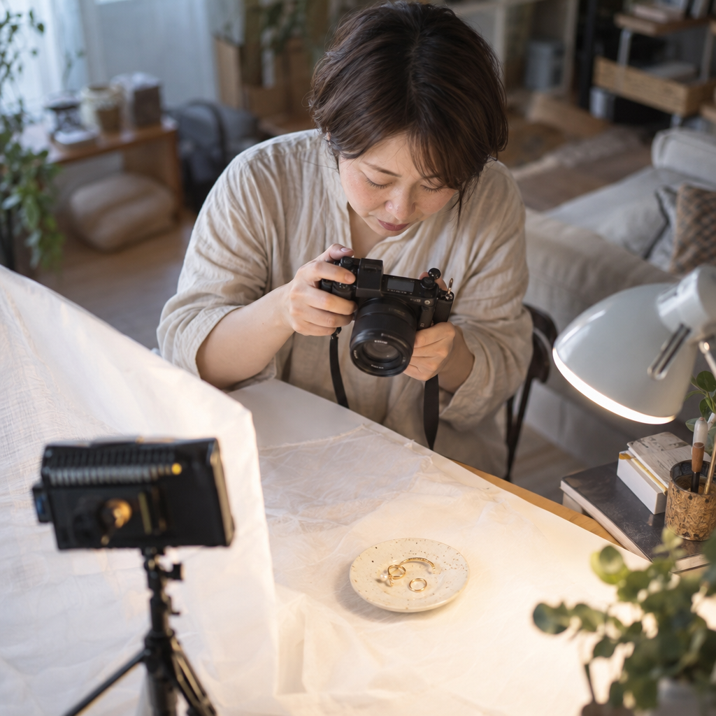 自宅で小物を物撮りする女性の様子