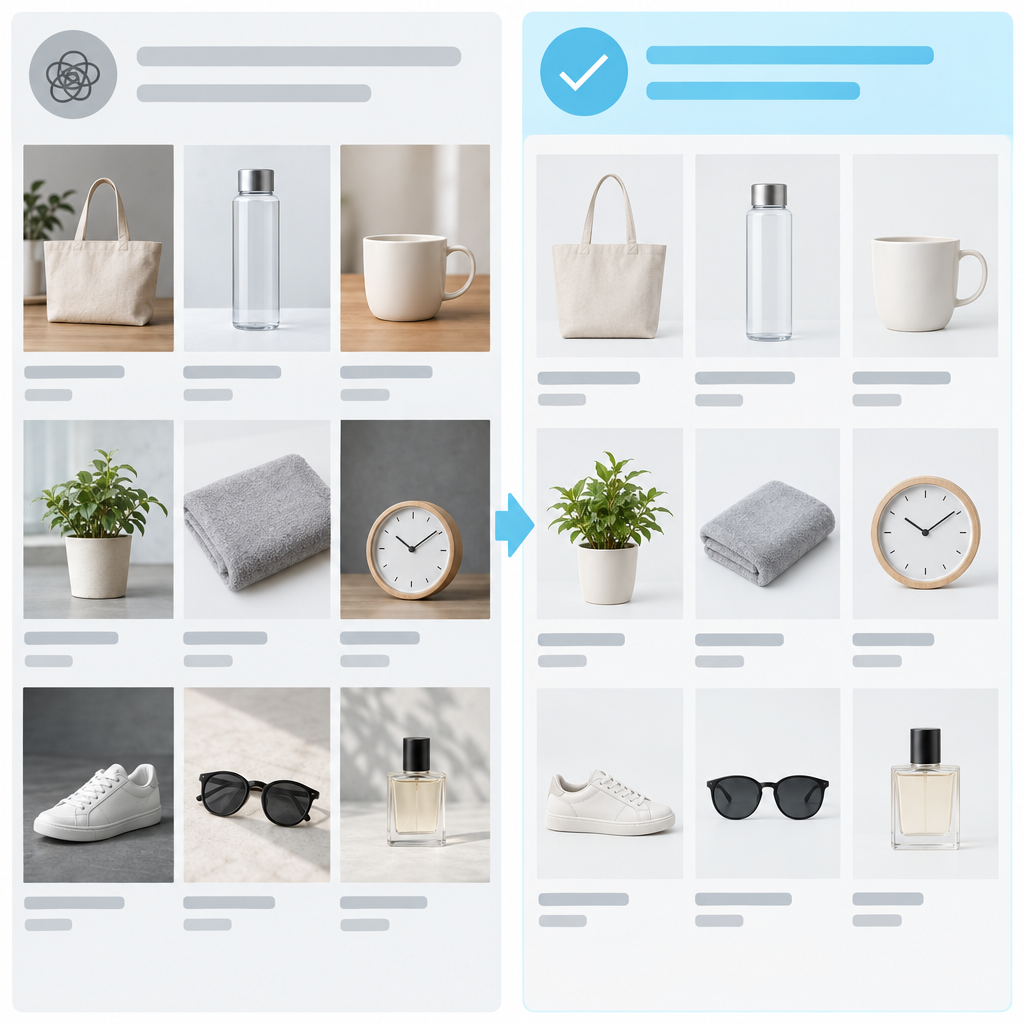 商品写真のサイズと明るさがばらついた一覧と、統一された一覧の比較
