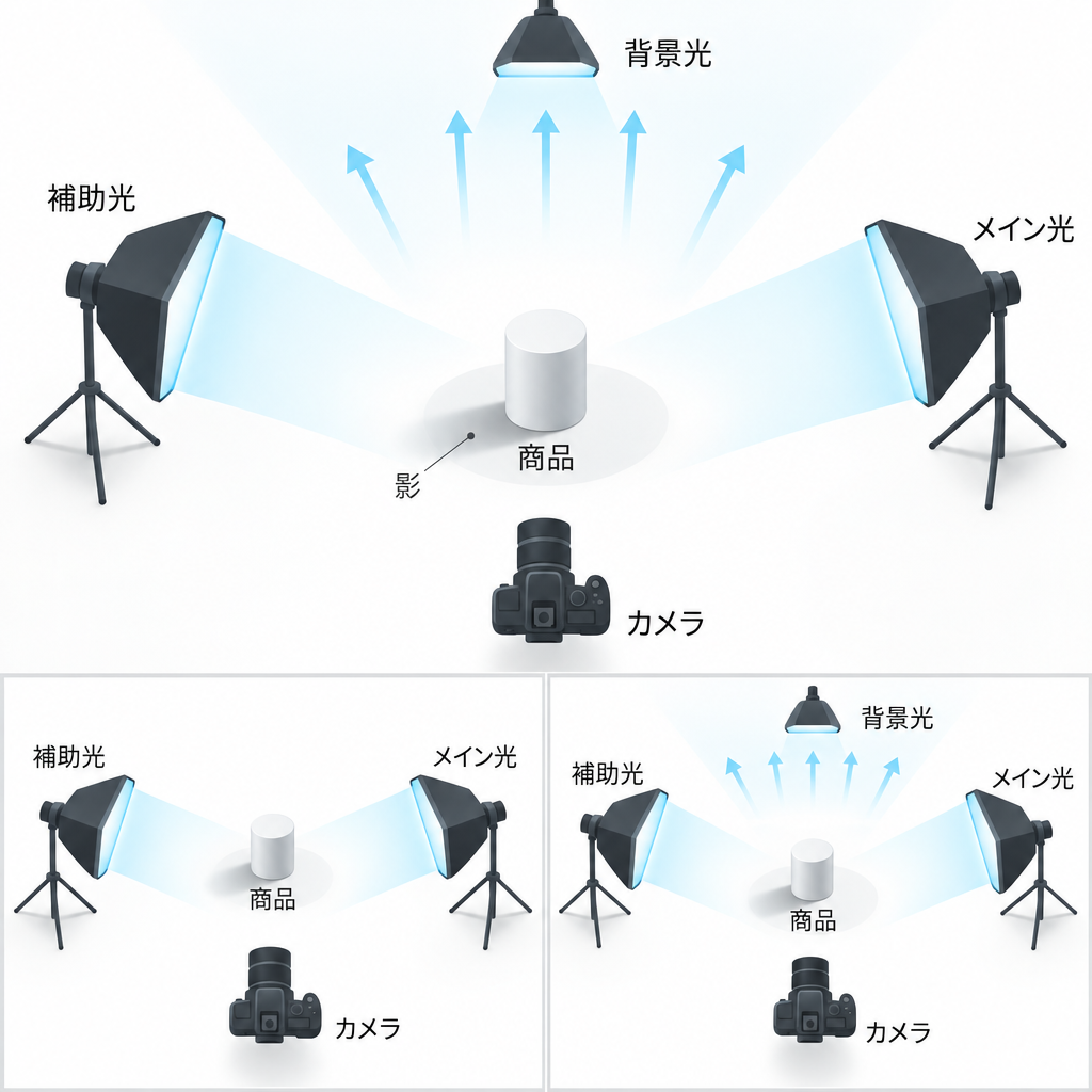 3灯で背景まで明るく抜けるライティング配置図