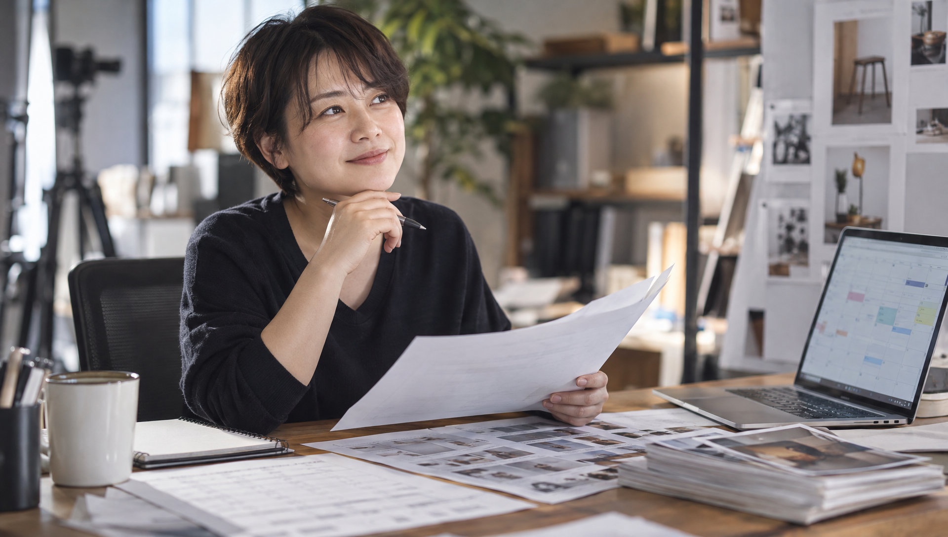 20代女性がデスクで撮影発注の準備書類を確認している写真