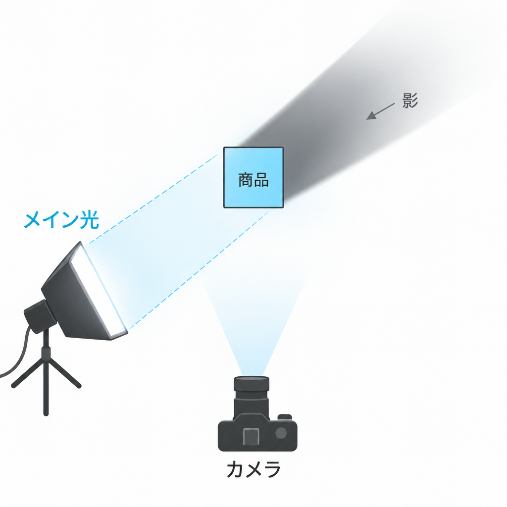 1灯で片側に濃い影ができるライティング配置図