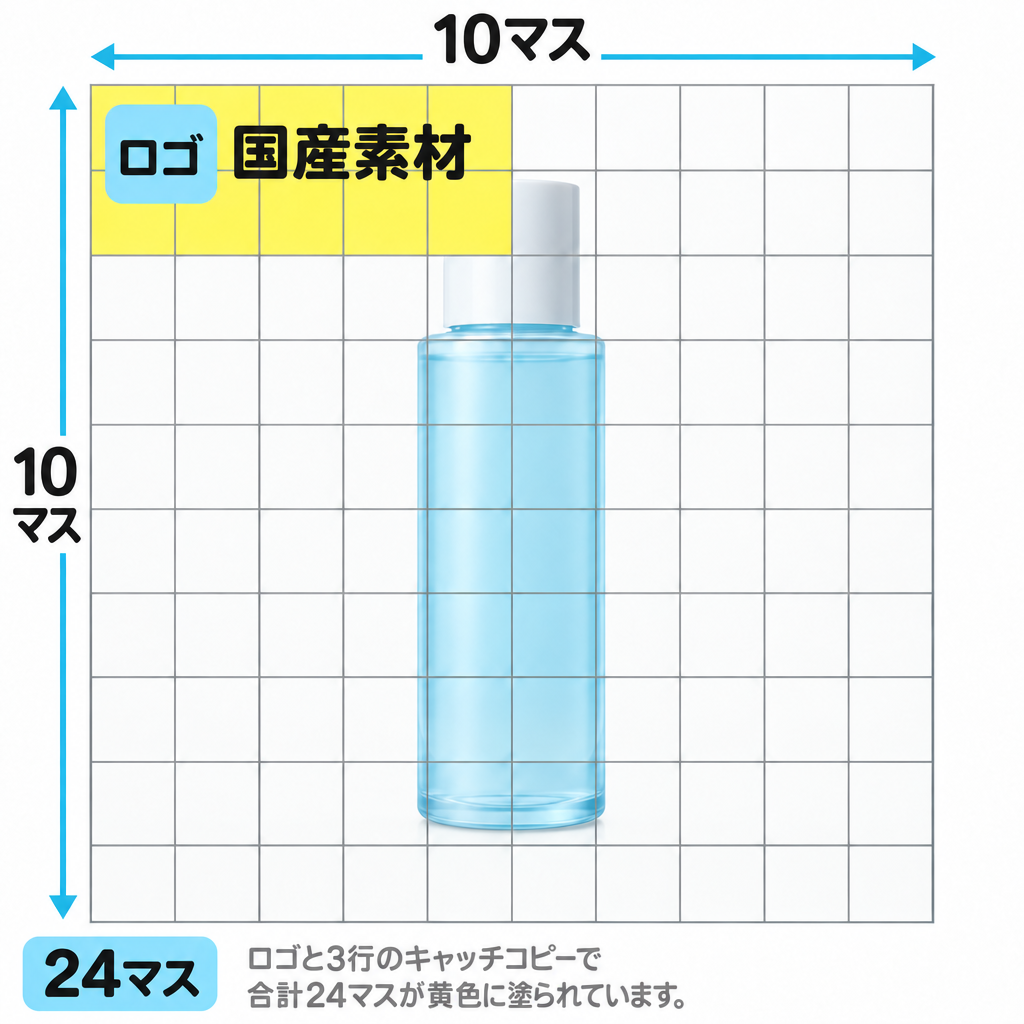 同じ商品画像の同じグリッドで、文字を左上にまとめてかかるマスが10マスに減った図