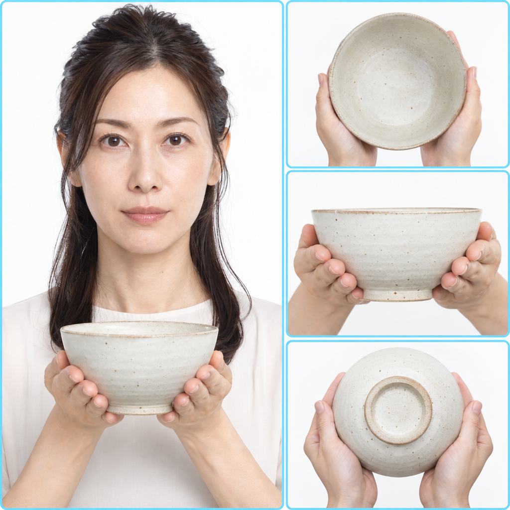 手で持った陶器のボウル。手との対比でサイズが分かる