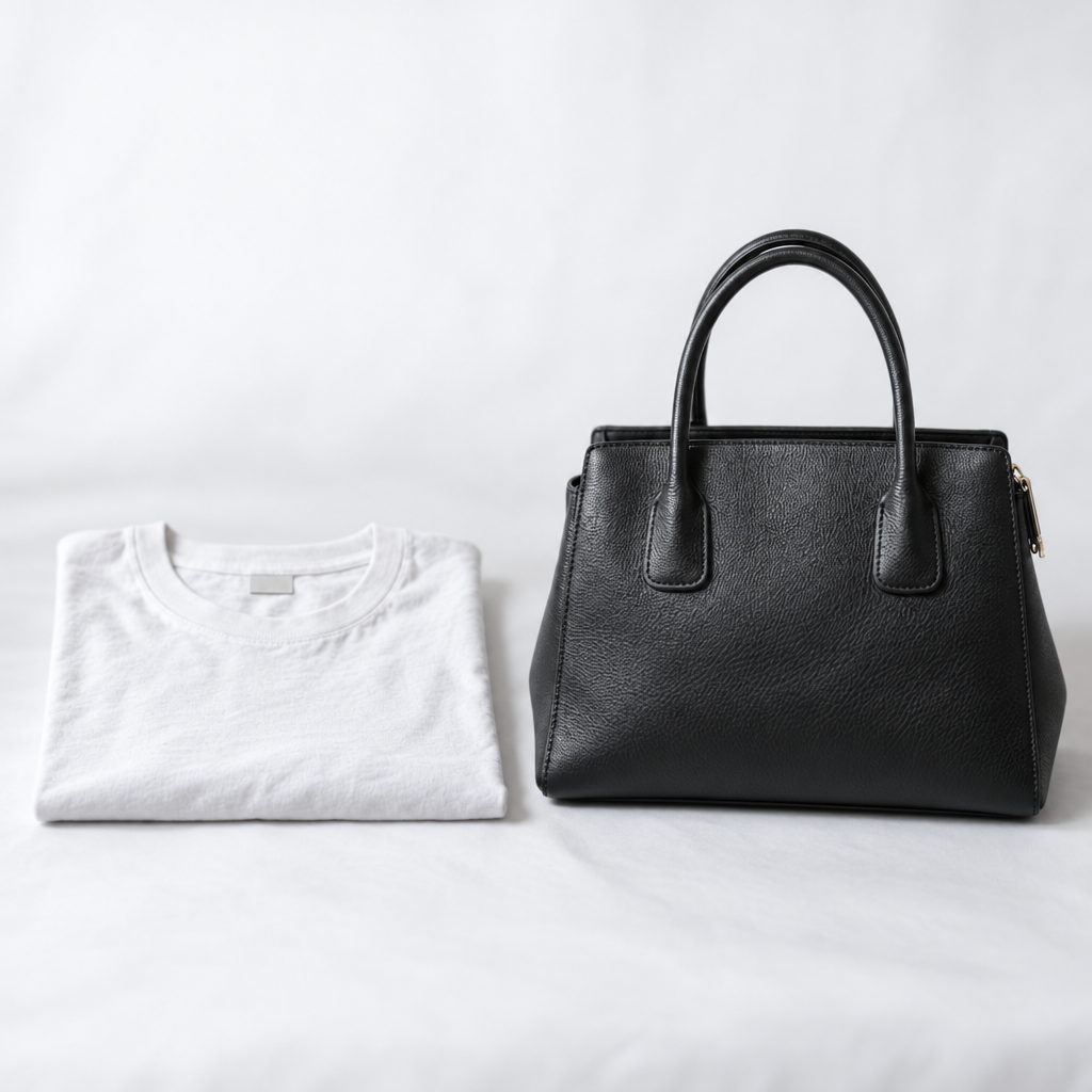 手動露出で撮影した白いTシャツと黒いバッグ。白は白く、黒は黒く質感が残っている