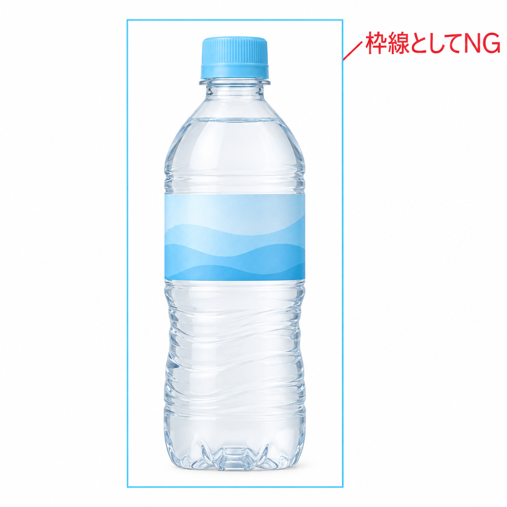 商品写真の四辺を細い線で囲んで枠線NGを示す図