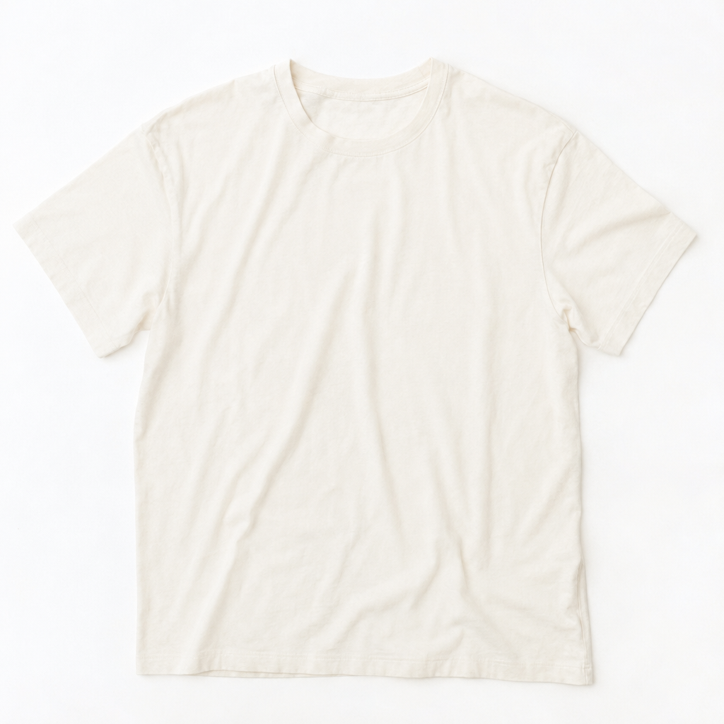 白背景で輪郭が分かりにくい生成りTシャツの写真