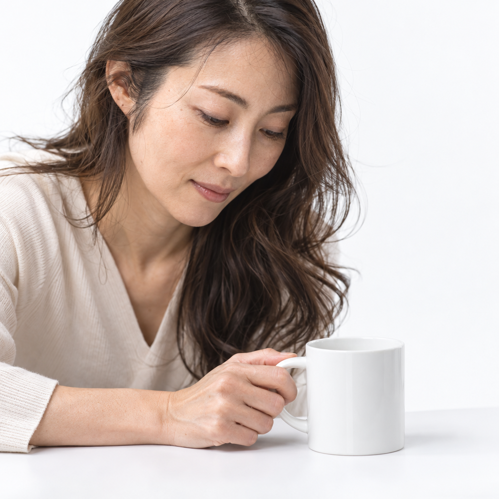 白背景の商品写真に女性の手がマグカップに触れて写り込んでいる例