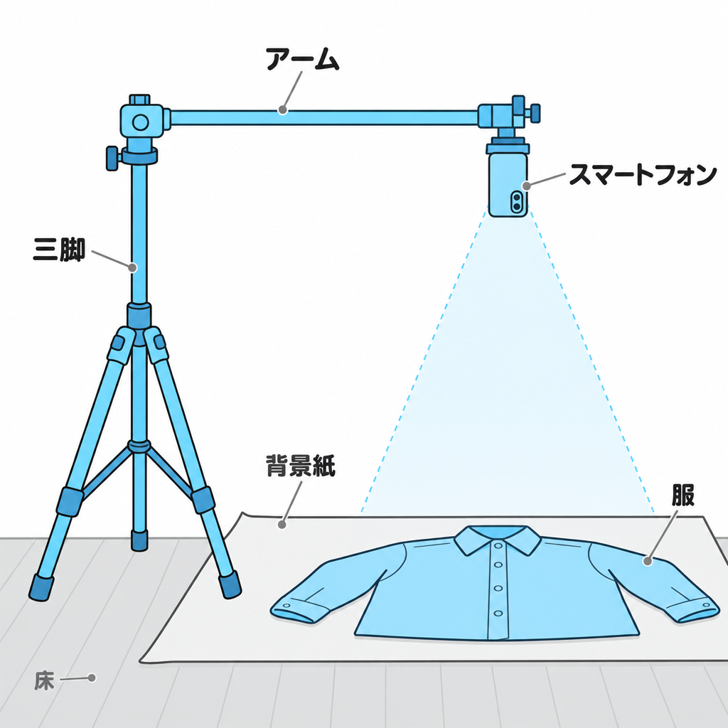 三脚のアームでスマートフォンを服の真上に下向きに構える撮影セットの図解