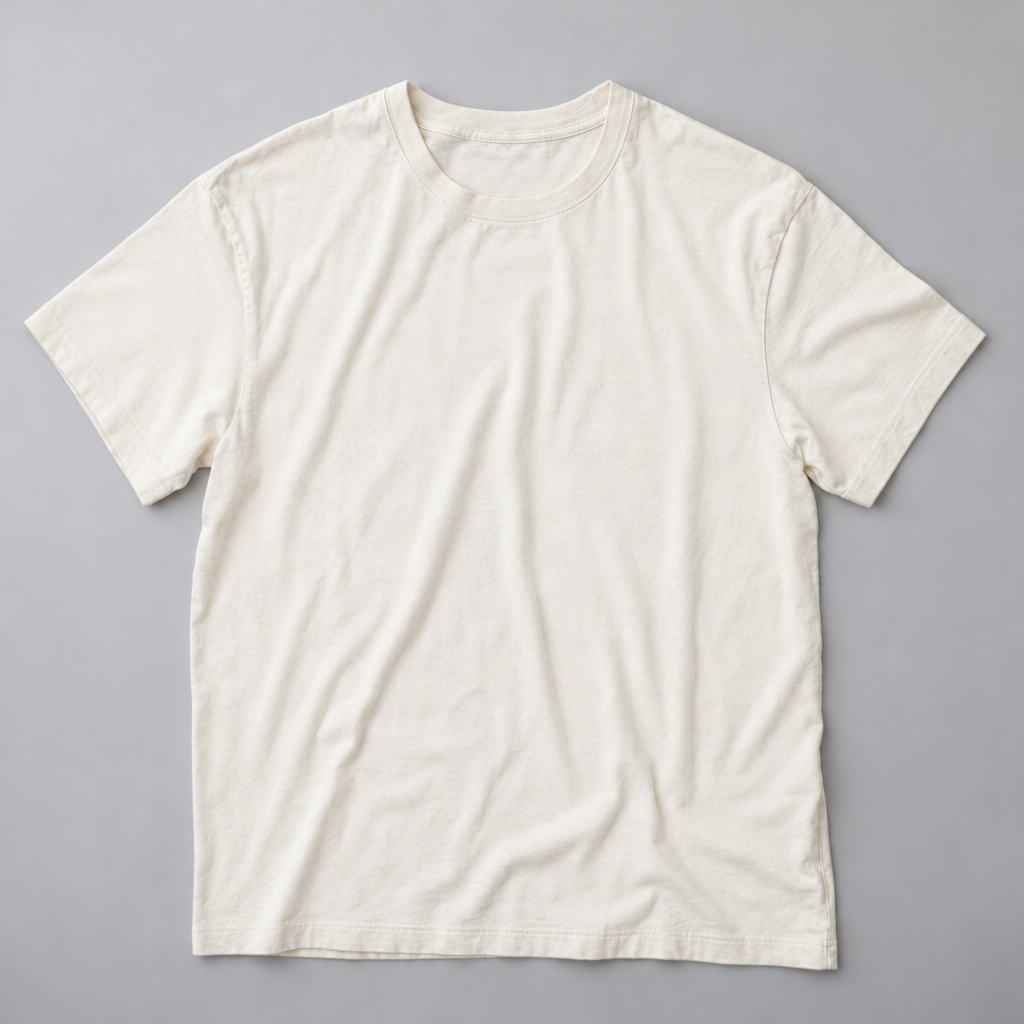 薄いグレー背景で輪郭がはっきり見える生成りTシャツの写真