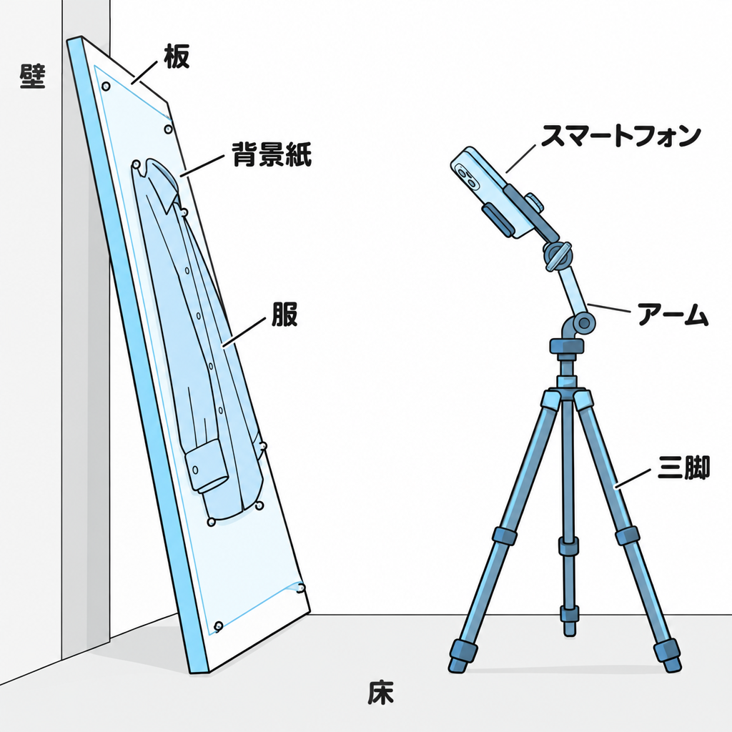 斜めに立てかけた板と同じ角度にスマートフォンを傾けて正面から構える撮影セットの図解